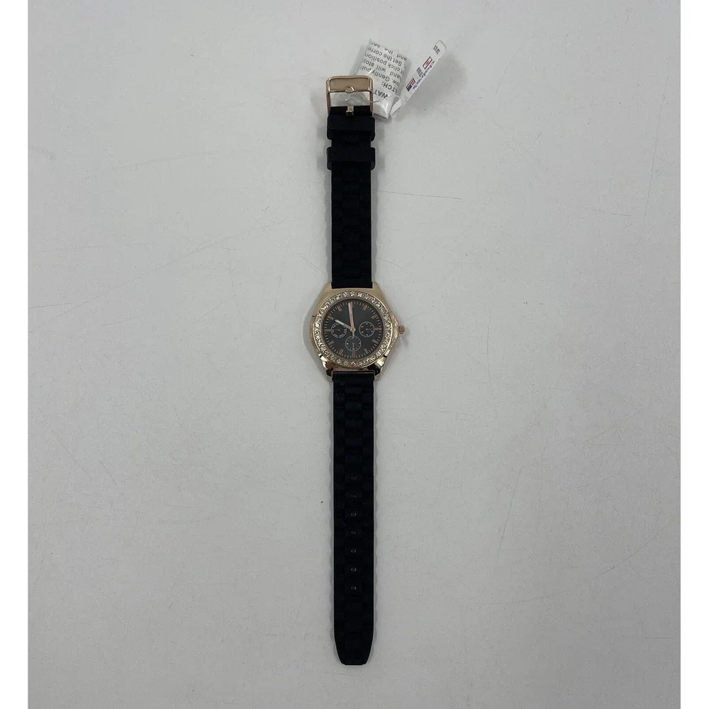 Women's Rose‎ Gold Tone Claire's watch, Black Poly Band Crystal Accents